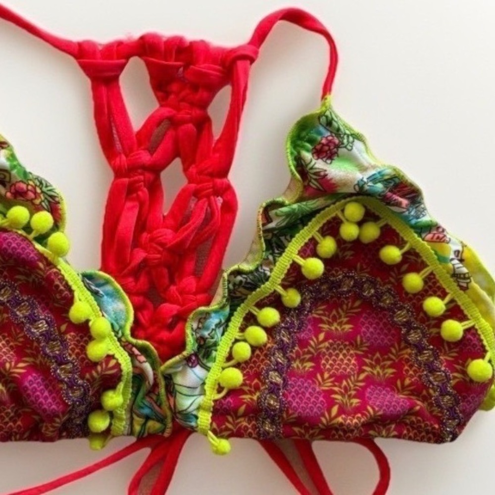 Neon Pineapple Print‎ Macrame Bikini Top Small Neon Pom Pom Boho Festival Summer